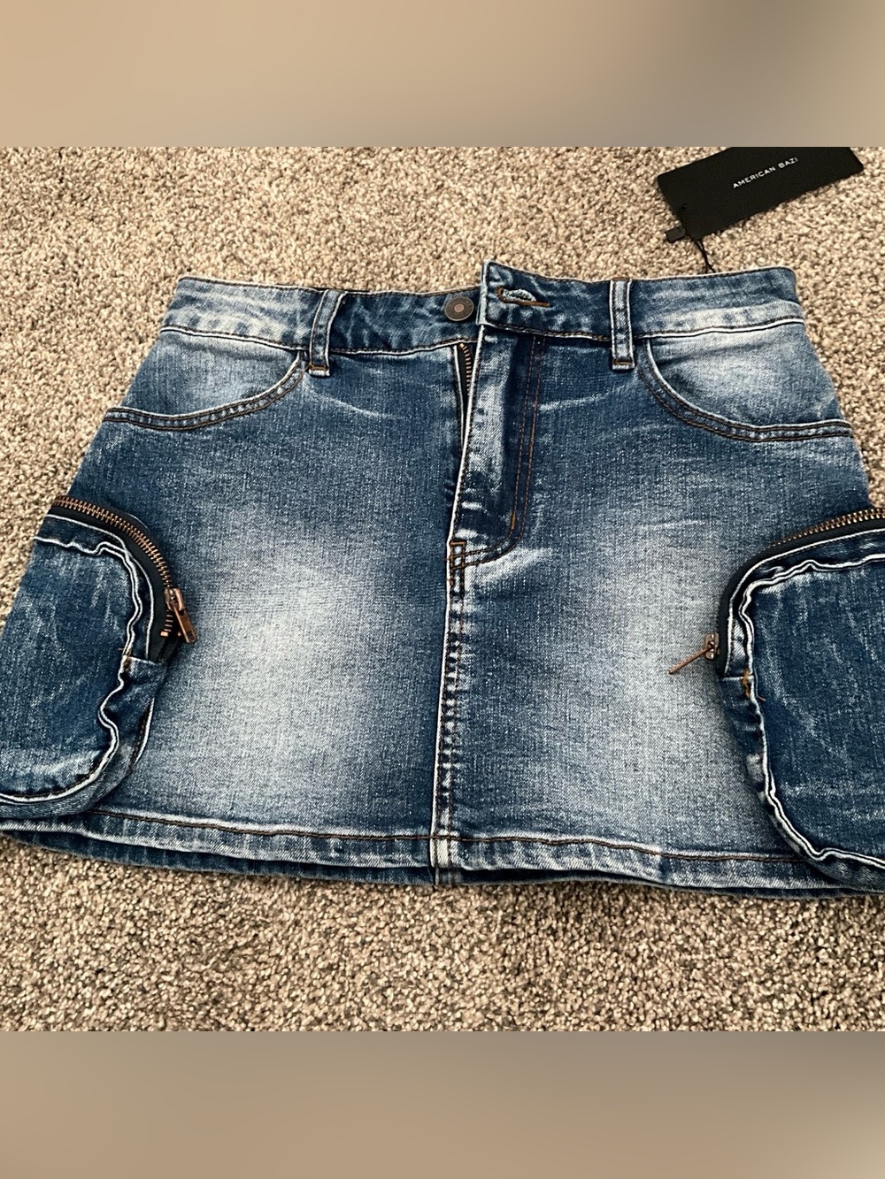 American Bazi Women's Blue Washed Denim Mini Skirt with Cargo Pockets